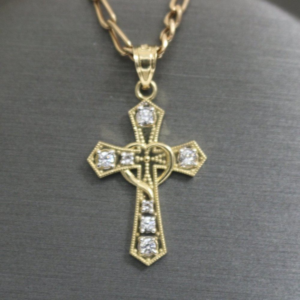 14kt Yellow Gold White Sapphire Heart Cross Pendant with 14kt Solid Figaro Chain